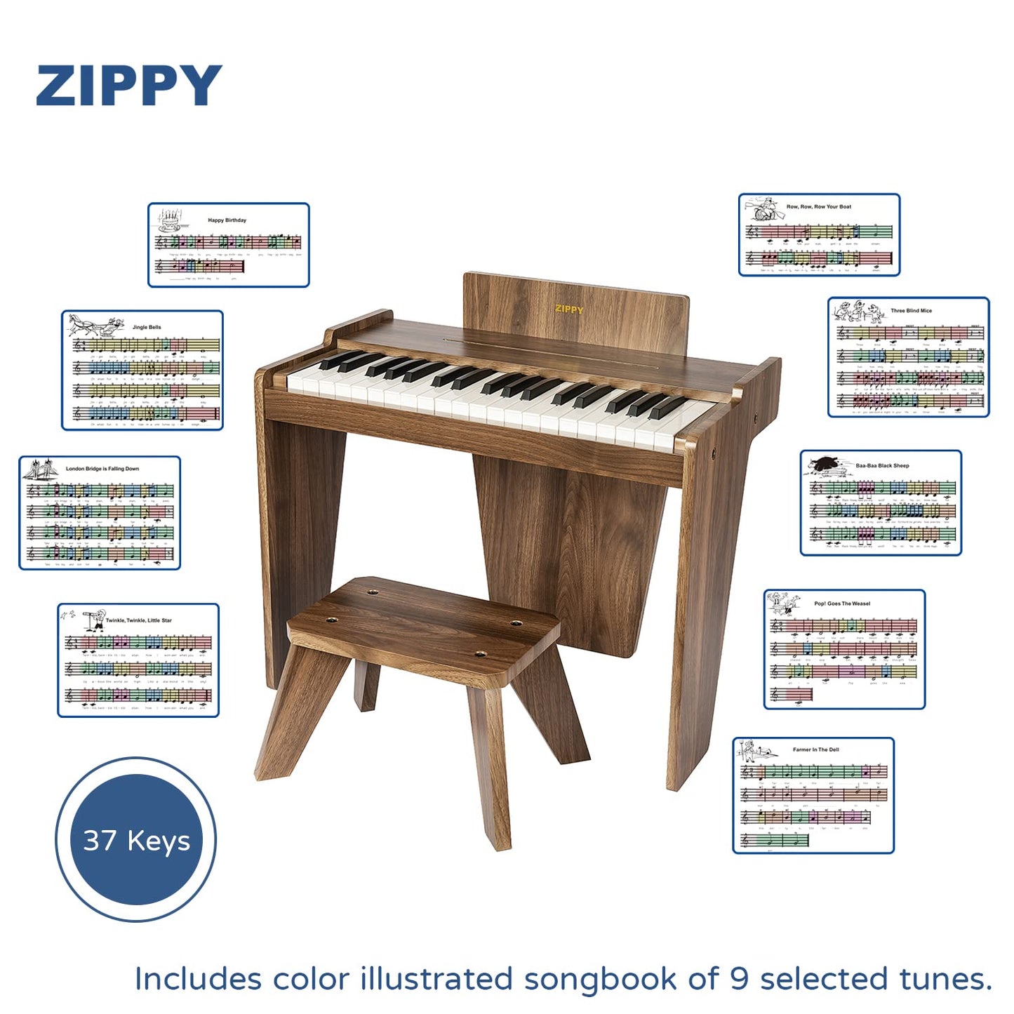 Zippy Kids Piano Keyboard, 37 Keys Digital Piano For Kids, Music Educational Instrument Toy, Wood Piano For 3+ Girls And Boys, W