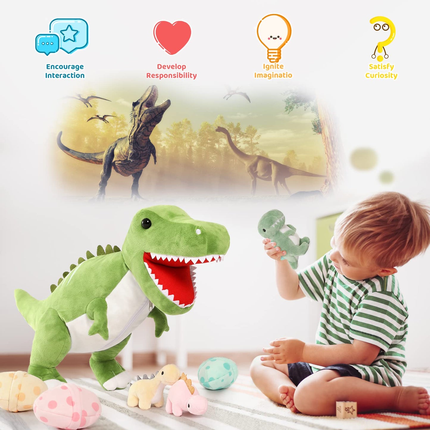 Morismos Giant Dinosaur Stuffed Animal,23.6'' Big Mommy Stuffed Dinosaurwith 3 Baby Dinosaurplush Toys & 3Eggs Plush Inside Its Zipper Tummy,Large Boy Girl Dinosaur Toysfor Kids Birthdaychristmas