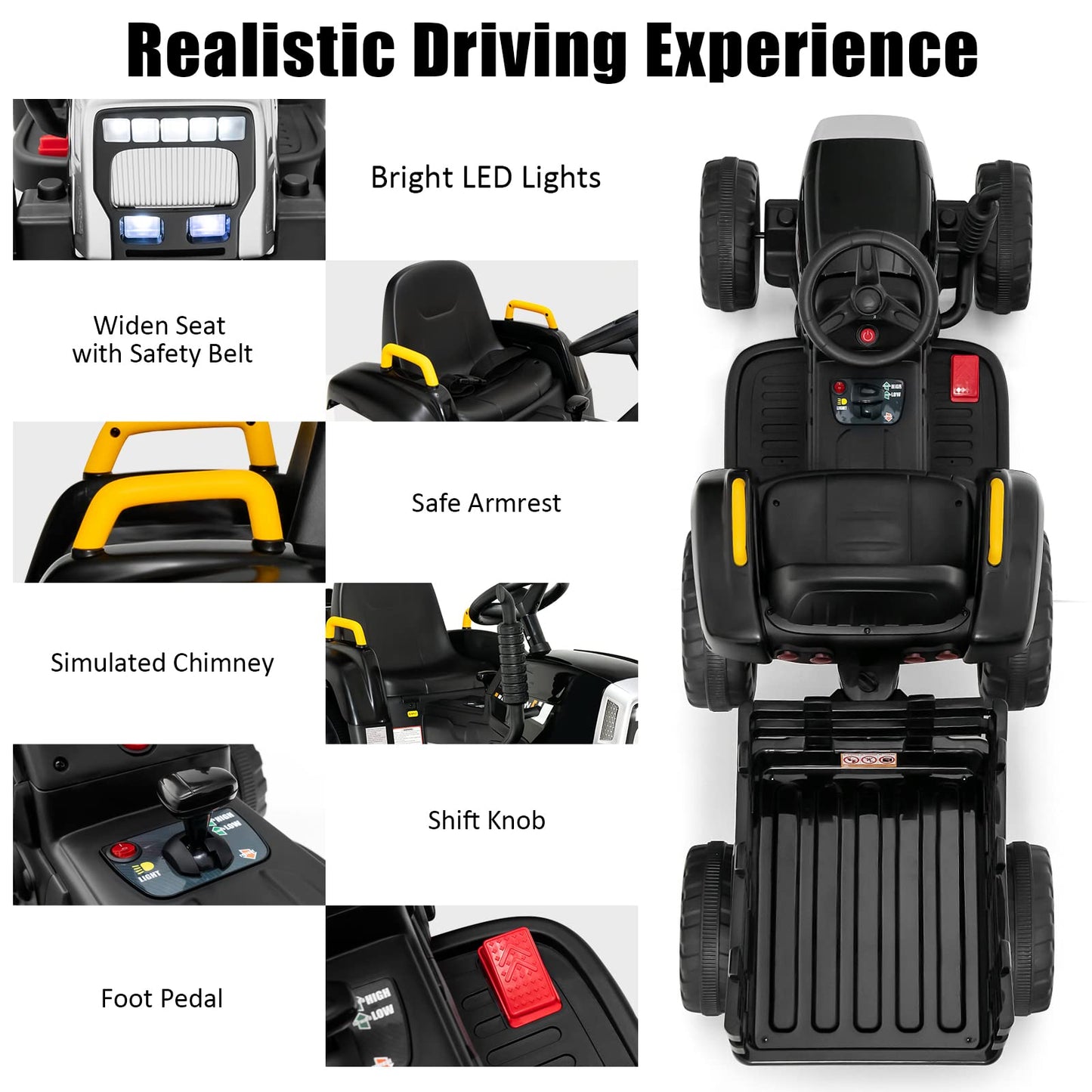 Costzon Ride On Tractor W/Detachable Trailer, 12V Kids' Electric Vehicles W/ 3-Gear-Shift Ground Loader, Wireless Design & Usb, 7 Led Headlights, Remote Control Tractor Toy For Kids 3+ (Black)