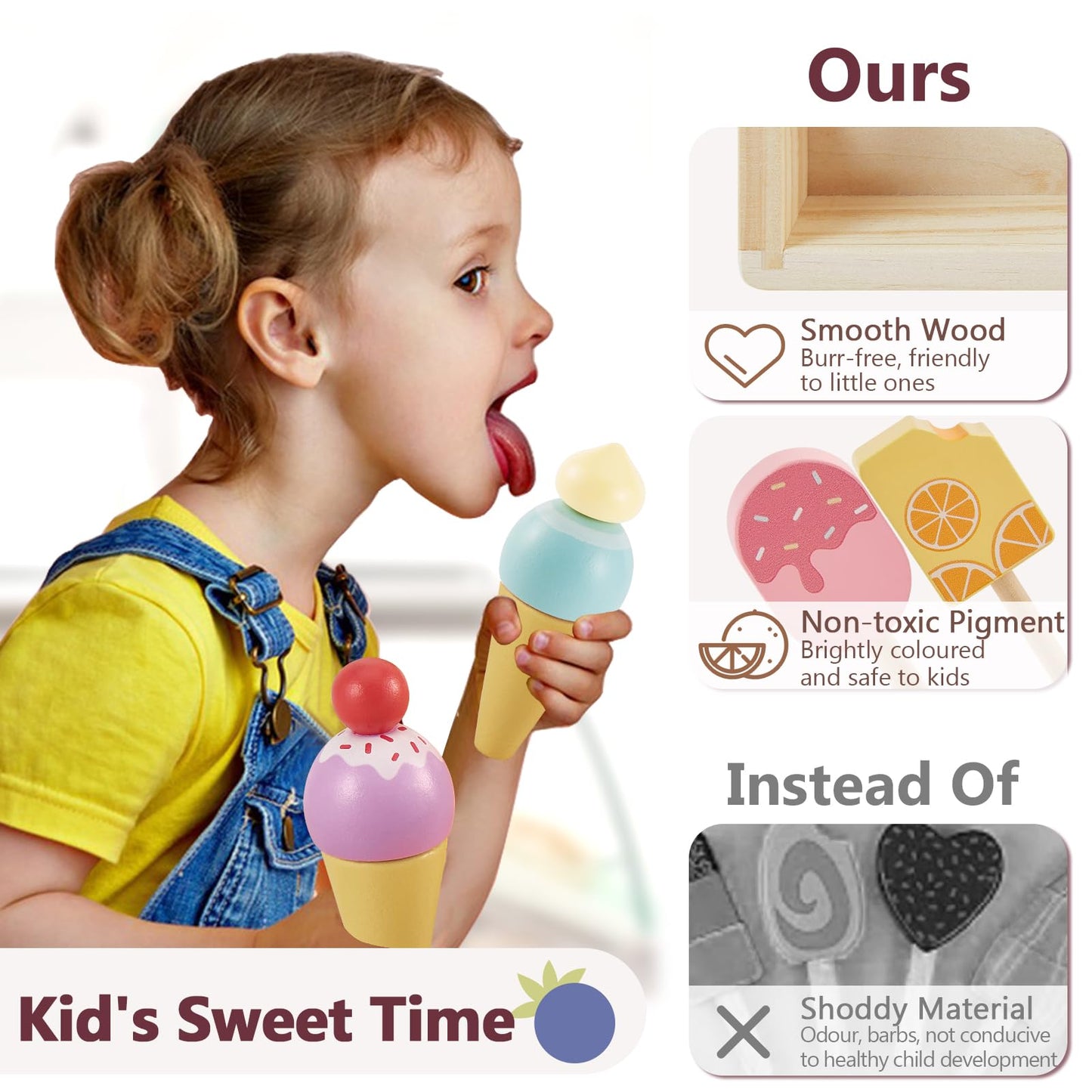 HERSITY Wooden Ice Cream Stand for Kids - Pretend Play Food Set, Ice Cream Popsicle Toy for Toddlers Boys & Girls Ages 3-5, Brown