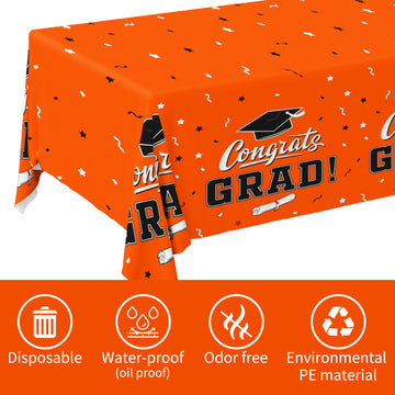 Graduation Party Decorations, Gongrats Grad Tablecover For Graduation Party Supplies, 3 Pcs Orange Table Cloths, 54''X108''