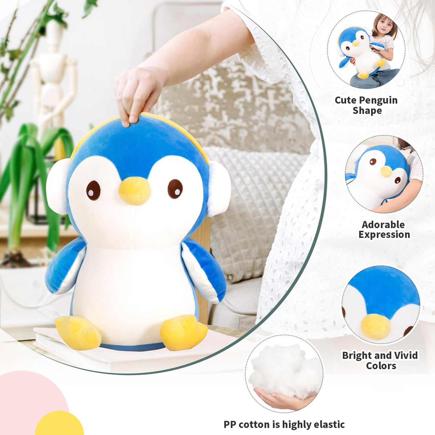 Mmguai 16'' Cute Big Penguin Blue Plush Cushions, Large Blue Penguin Plushies Toys,Stuffed Animals Penguins Gift For Girls, Boy,