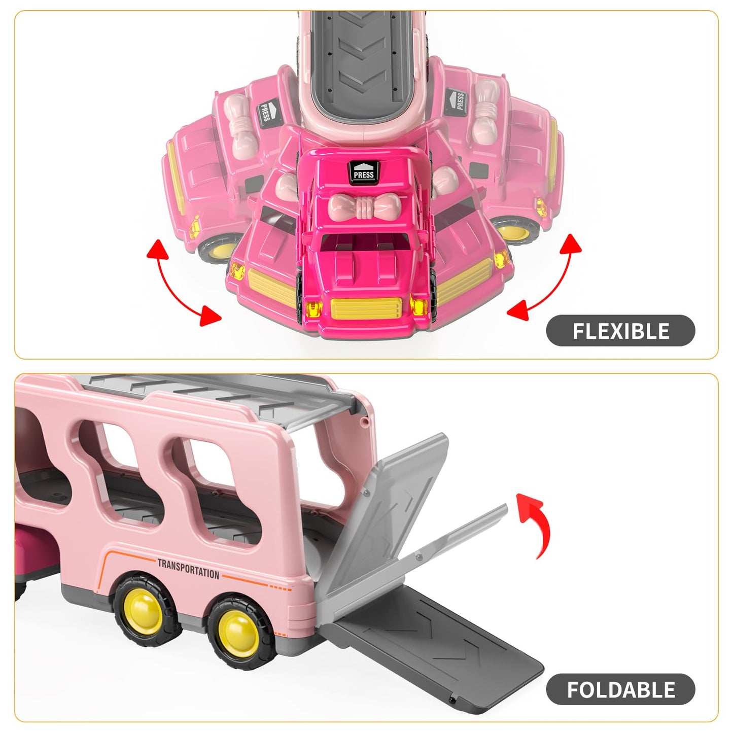 Temi Girls Toddler Truck Toys For 3 4 5 6 Year Old Girls, 5-In-1 Friction Powered Vehicle Car Toy For Toddlers 3-6, Carrier Toys For Kids 3-5, Christmas Birthday Gifts For Girls Age 3-9