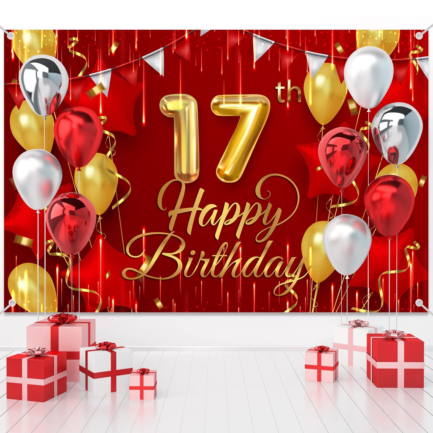 17Th Birthday Backdrop Banner Decorations Red And Gold For Boys Girls Happy 17 Years Old Bday Background Photography Party Decor Sign Supplies