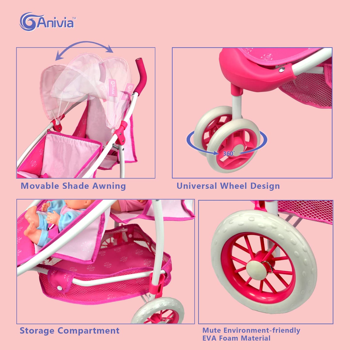 Baby Doll Stroller Anivia Twin Doll Stroller Heart Design Birthday Gifts For Toddlers And Girls Baby Doll Double Stroller, 1:1 Foldable Double Doll