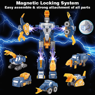 Fuzzy Pixie Toddler Construction Car Set - 5pcs Dinosaur Rescue Robots, DIY STEM Toy, Medium, Blue, Magnetic Vehicles