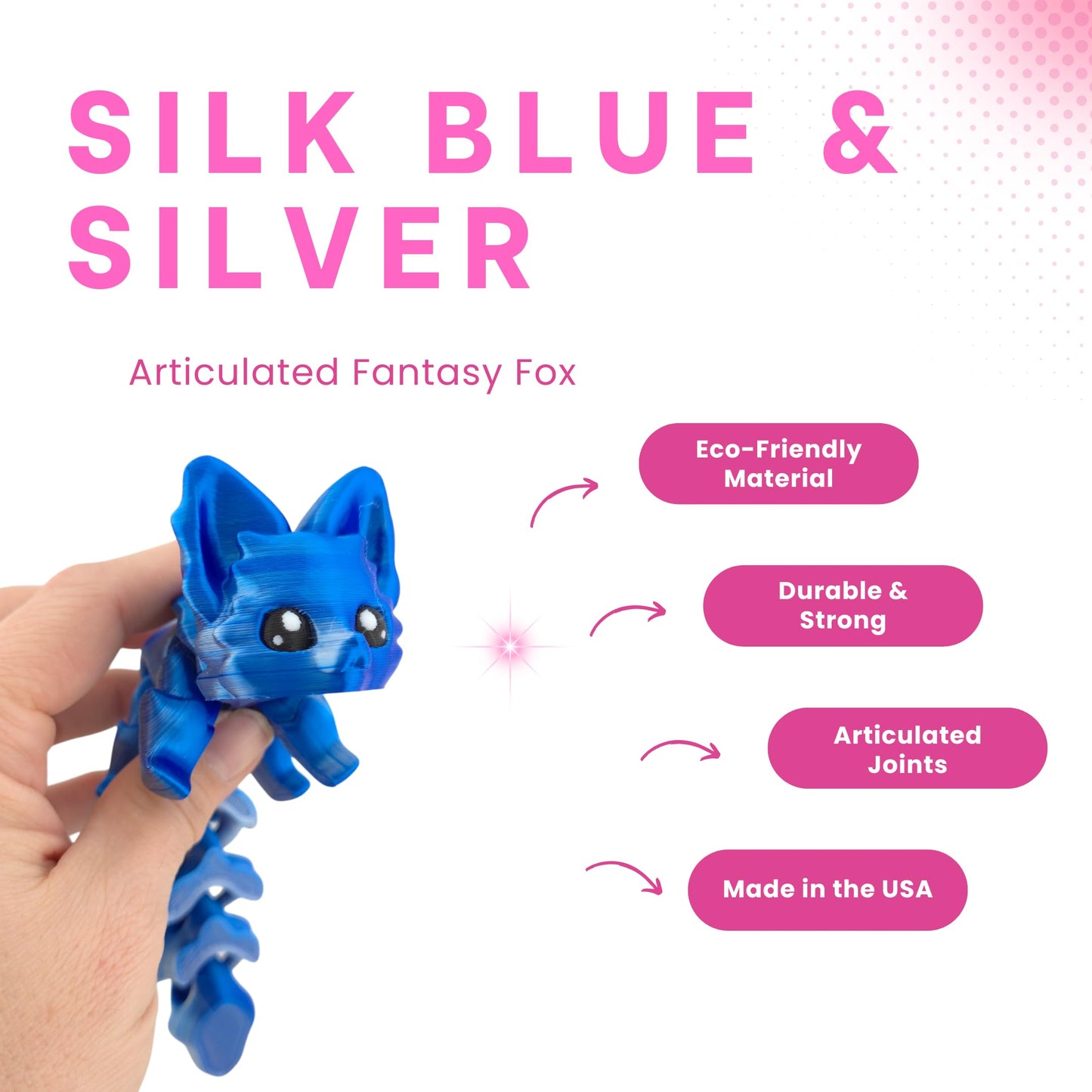 Cute Fox Desk Buddy, Articulated 3D Printed Fidget, 7.5 Inches, Authorized Seller (Silk Blue/Silver)