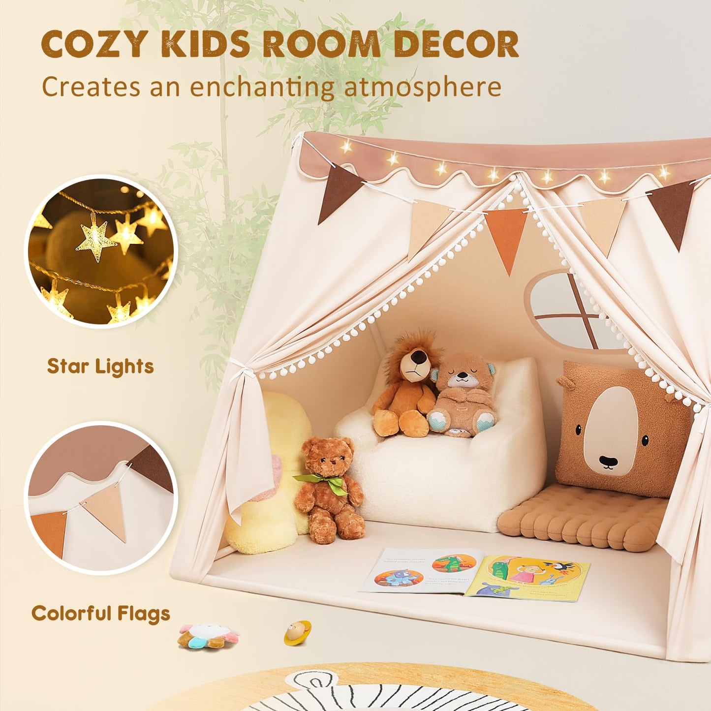 Piikago Kids Tent Indoor With Star Lights And Flags - Play Tent For Kids Ages 4-8, Toddler Tent, Kids Playhouse For Girls Boys,