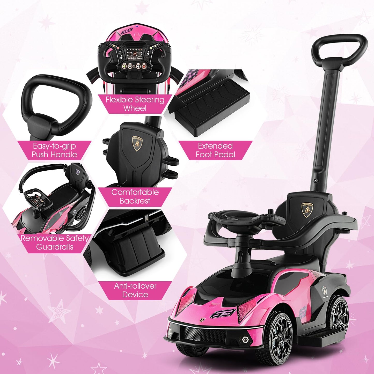 Honey Joy Push Cars For Toddlers, Lamborghini Kids Toy Car Stroller W/Push Handle & Detachable Guardrail, Horn & Engine Sound, Seat Storage, Foot-To-Floor Ride On Push Car For Boys Girls(Pink)