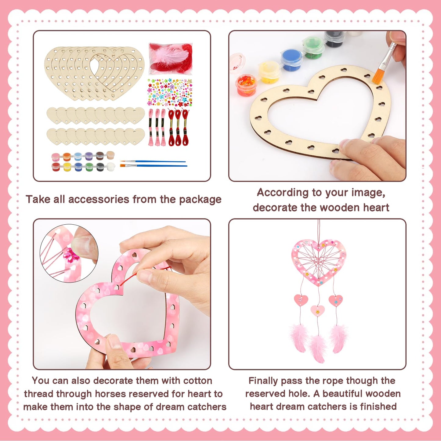 Fennoral 6 Pack Heart Dream Catcher Craft Kit For Kids Paint You Own Love Heart Dream Catcher Diy Coloring Mother'S Day Wooden A