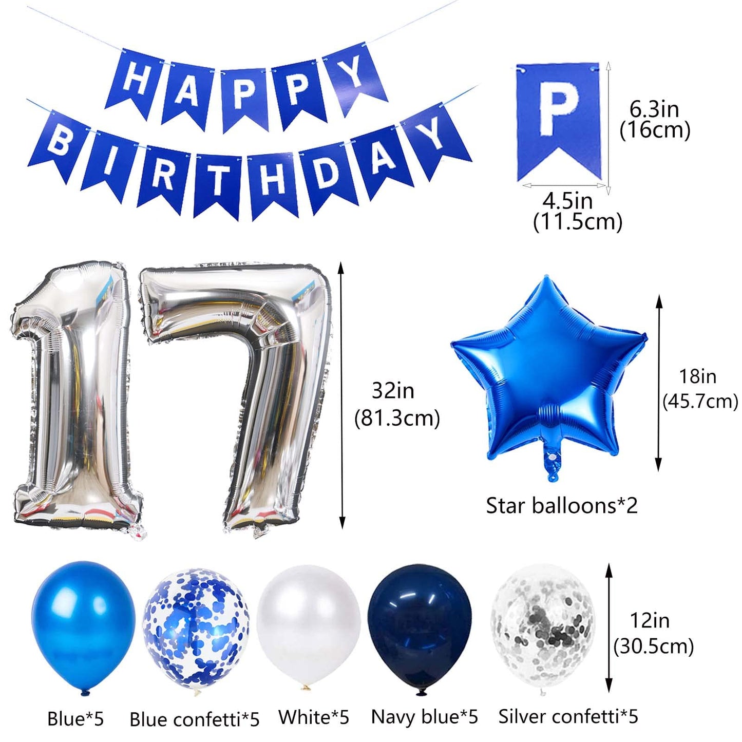 17Th Birthday Party Decorations Blue For Boys, Happy Birthday Banner Blue Number 17 Birthday Star Foil Balloons Latex Confetti B