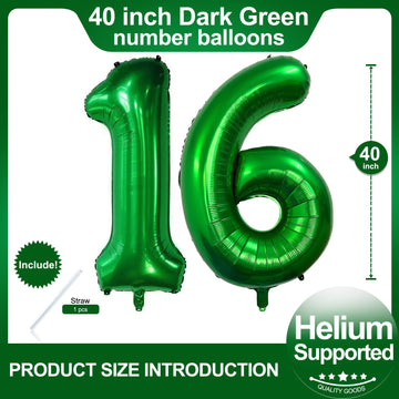 Number 16 Dark Green Balloons 40 Inch Giant Green 16 Numer Foil Helium Balloons For 16Th Green Birthday Party Supplies 16Th Anni