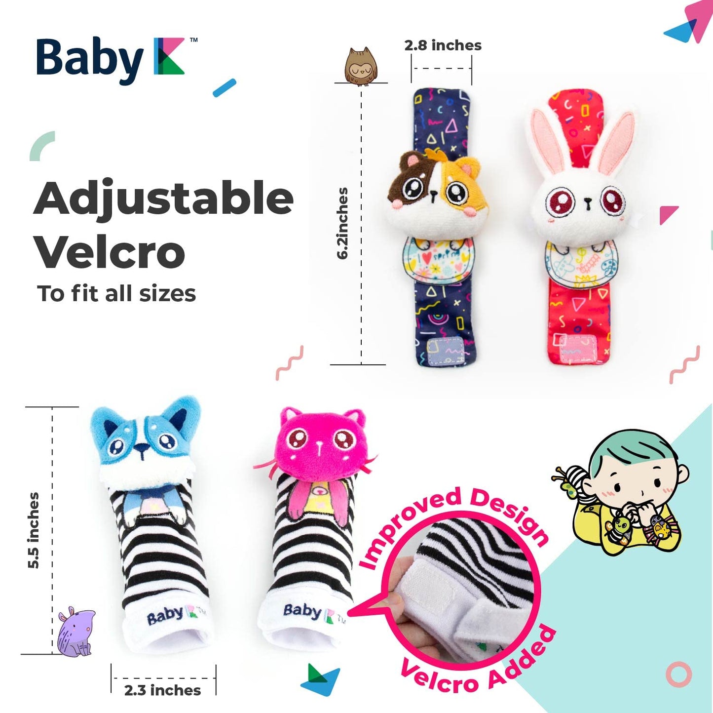 K Baby Rattle Socks For Girls & Boys (Pet Set) - Baby Toys 6-12 Months - Wrist & Foot Rattles - Gift Idea