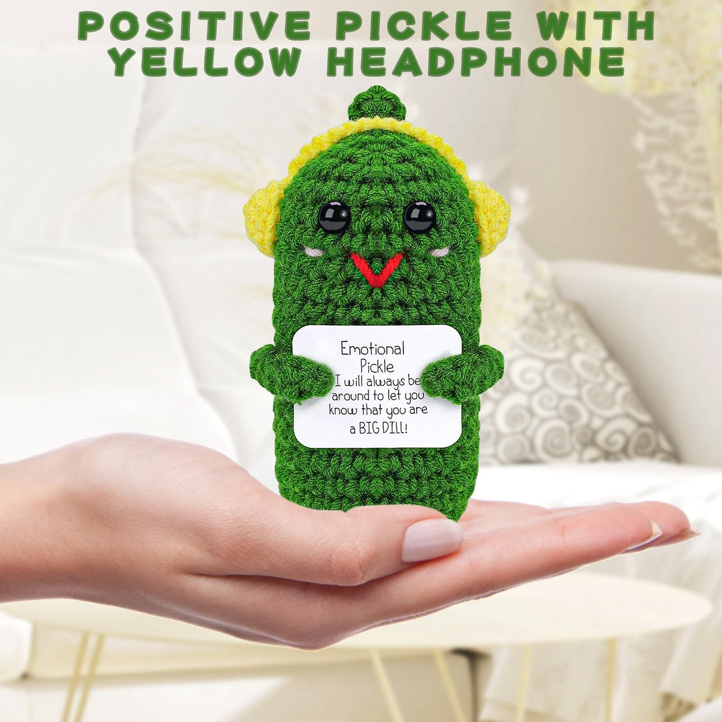 Hoedia Emotional Support Pickle With Yellow Headphone: Cucumber Crochet Dolls Friend Birthday Gifts For Women Men Coworkers Stud