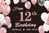 JumDaQQ 12th Birthday Backdrop Banner, 5x4ft Polyester, Black Rose Gold, Pre-Teen Party Supplies