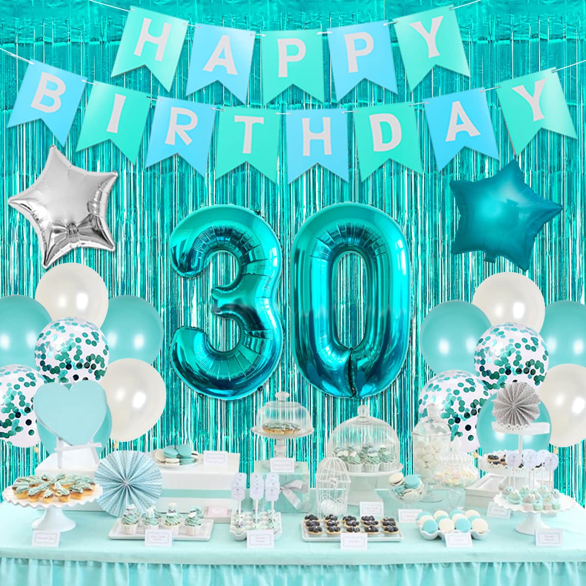 30Th Birthday Decorations For Women Girls Teal - Queen Sash Happy Birthday Banner Cake Topper Number 30 Foil Balloon Foil Curtai