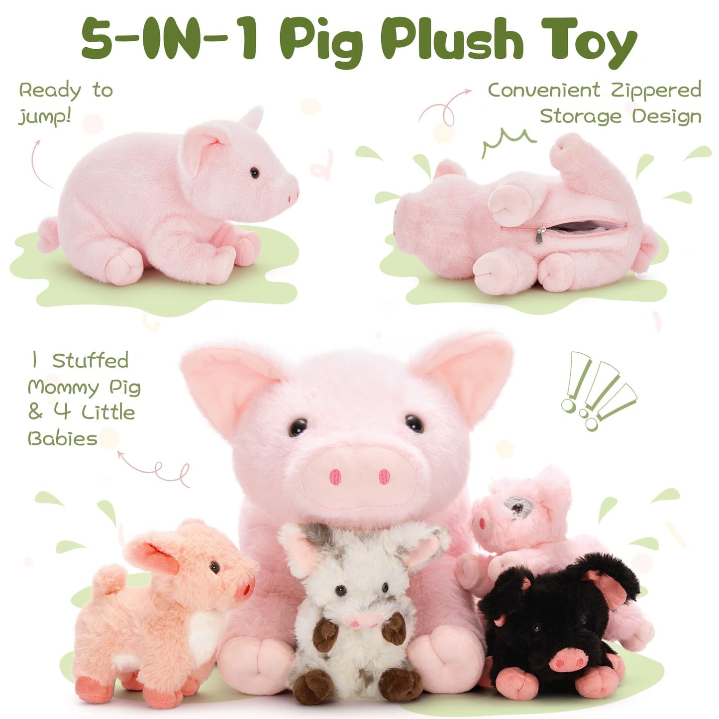 Beniny 5Pcs Pig Stuffed Animals Set, Large Mommy Pink Stuffed Pig Plush 15.7'' With 3 Baby Piggy In Her Zippered Tummy, Cute Pig