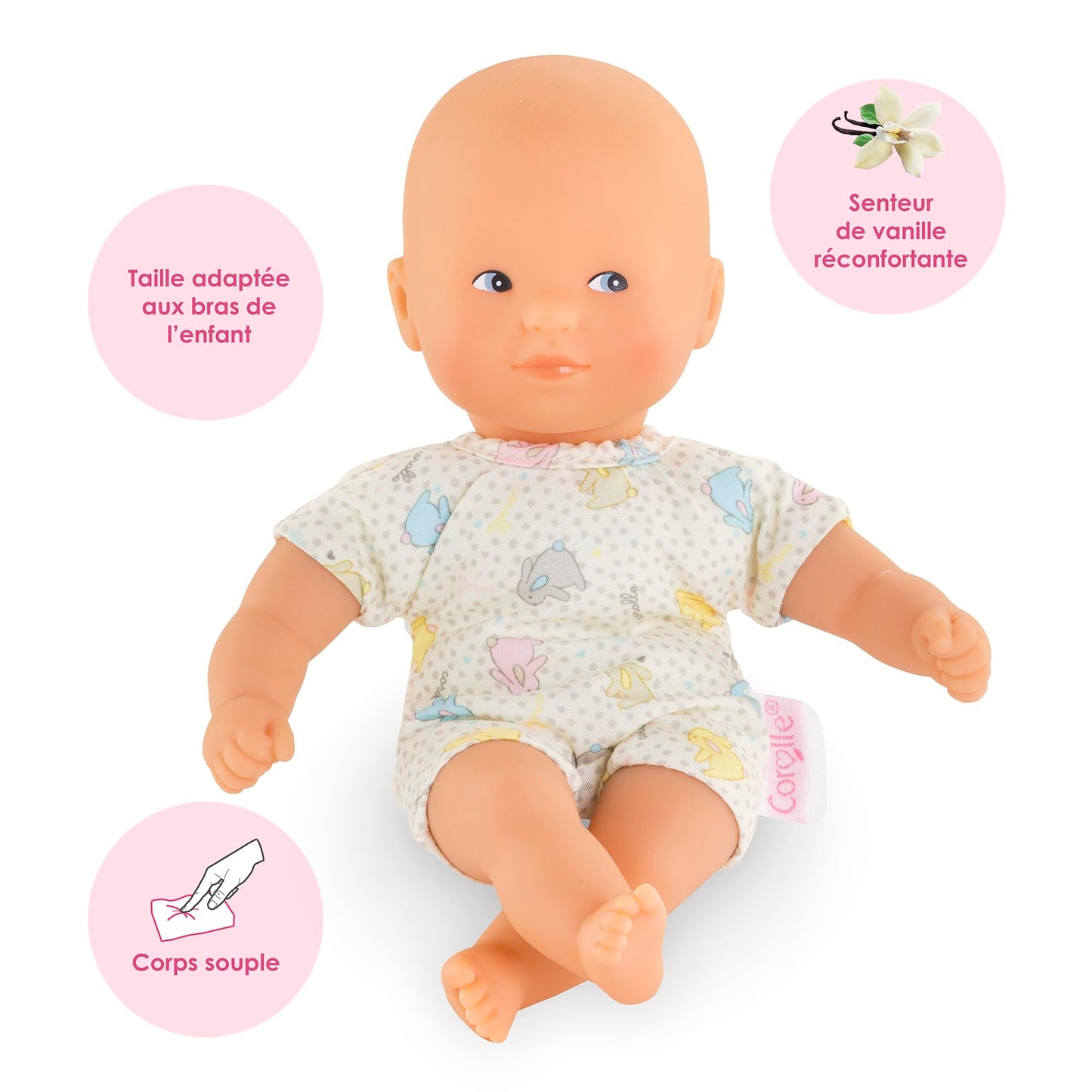 Corolle Mini Calin Bunnies Baby Doll - Small 8' Soft Body With Blue Eyes And Bunny Pattern Outfit, Vanilla-Scented, Easy To Hold - For Kids Ages 18 Months And Up