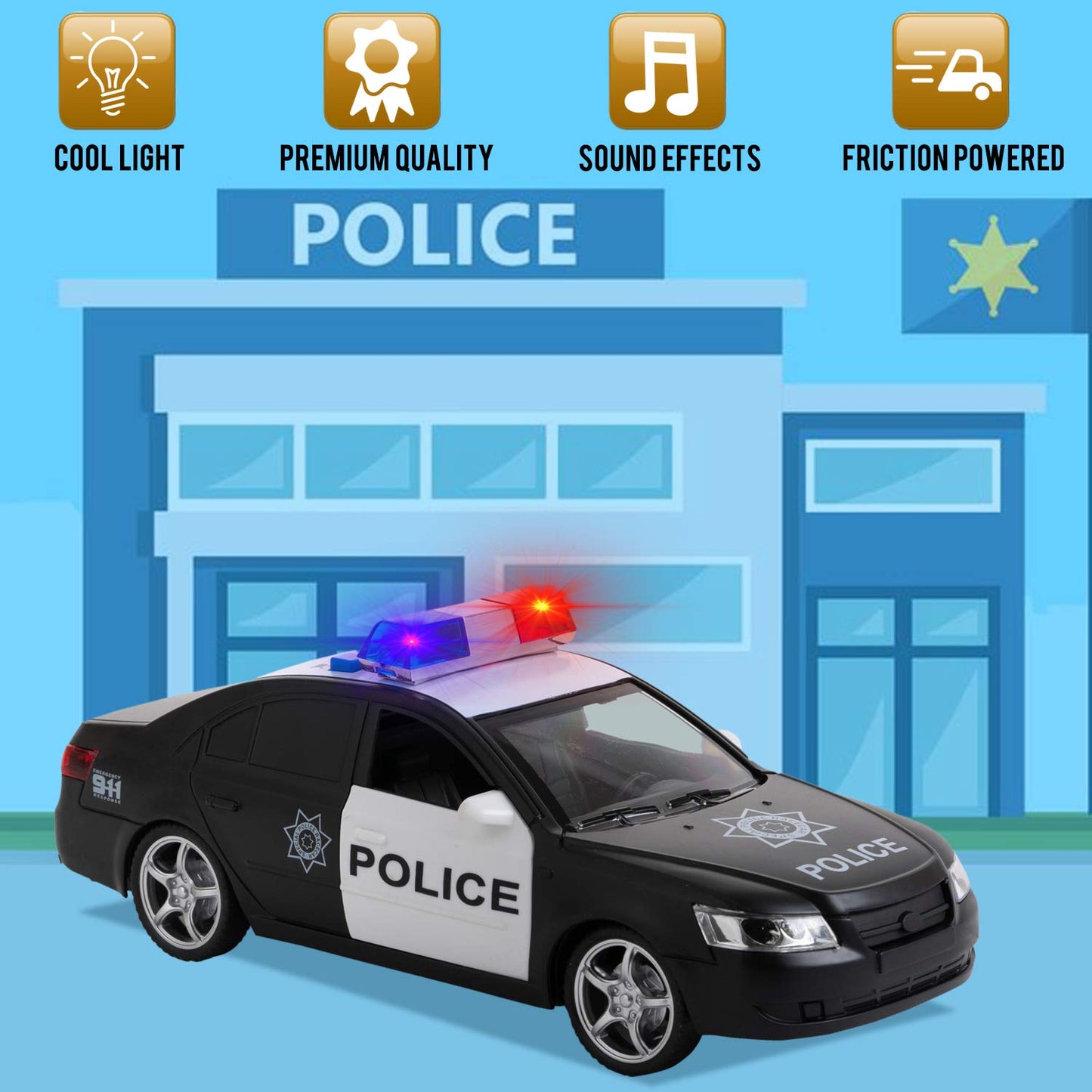Toy To Enjoy Friction Powered Police Car With Light & Sounds - Heavy Duty Plastic Vehicle Toy For Kids & Children - Openable Doo