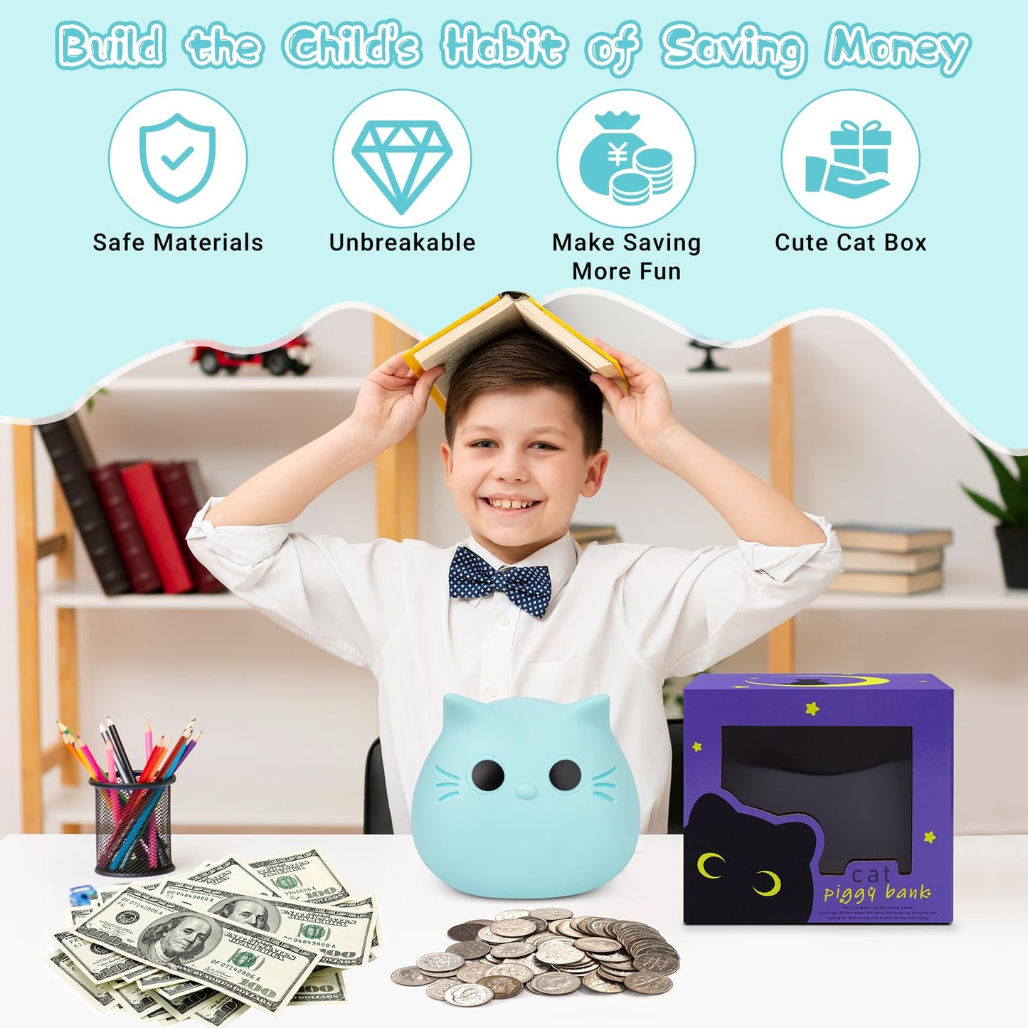 Jizwpoom Piggy Bank, Cat Piggy Bank Cat Money Saving Box Gifts For Kids, Coin Piggy Bank Cat Coin Bank Box Unbreakable Piggy Bank Toy Great Gifts For Boys Girls Adults (Blue)