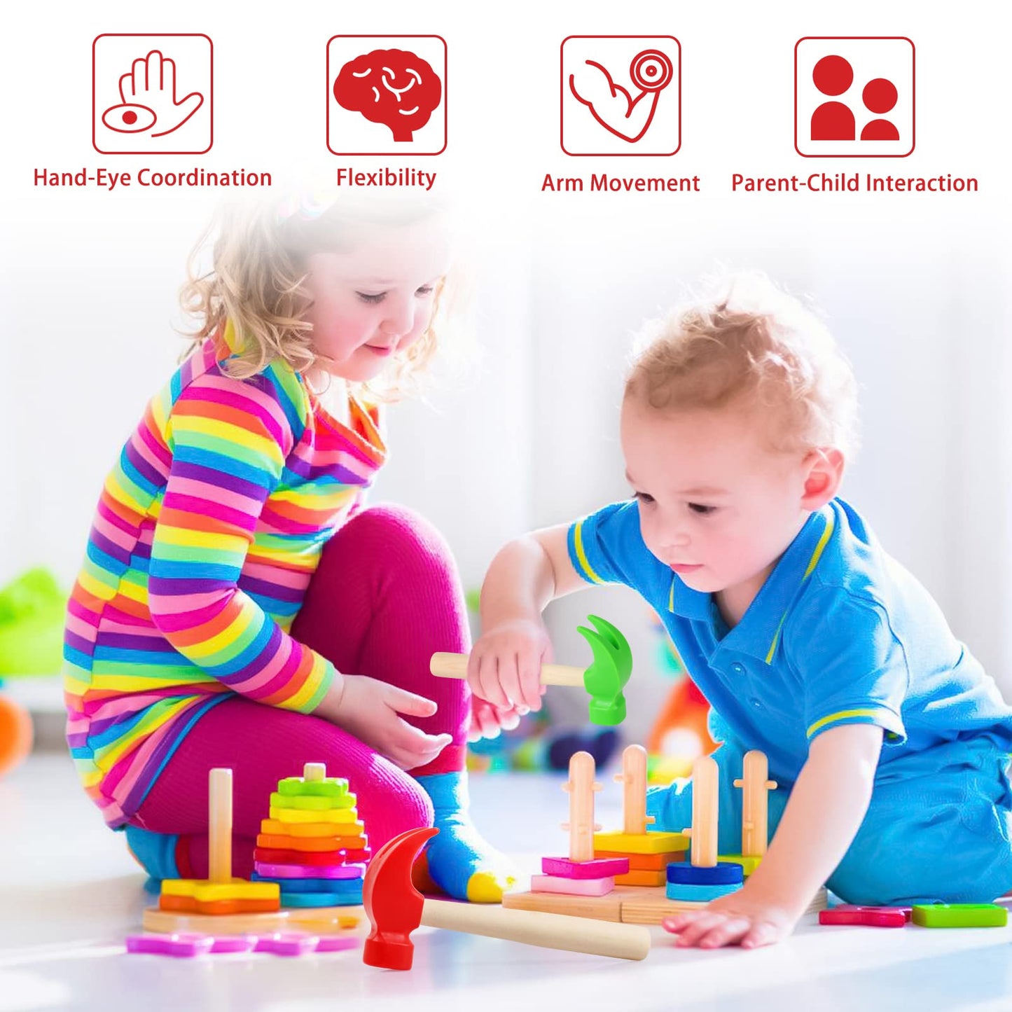 2 Pack Wooden Hammer Toys Simulation Hammers Maintenance Tools Educational Toys For Kids Birthday Party Games Supplies (Red + Green)