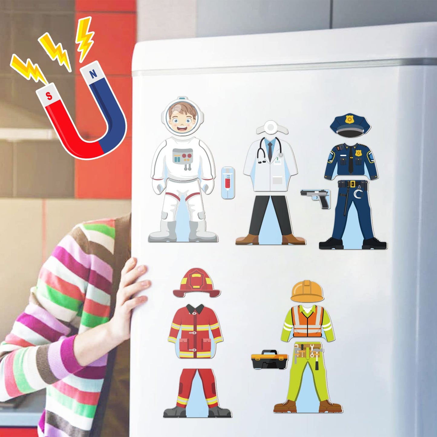 Atoylink Wooden Magnetic Dress Up Dolls Pretend Play Set 40+ Pcs Occupations Community Helpers Matching Games Fridge Magnets For Toddlers Preschool Learning Toys Boys Birthday Gifts