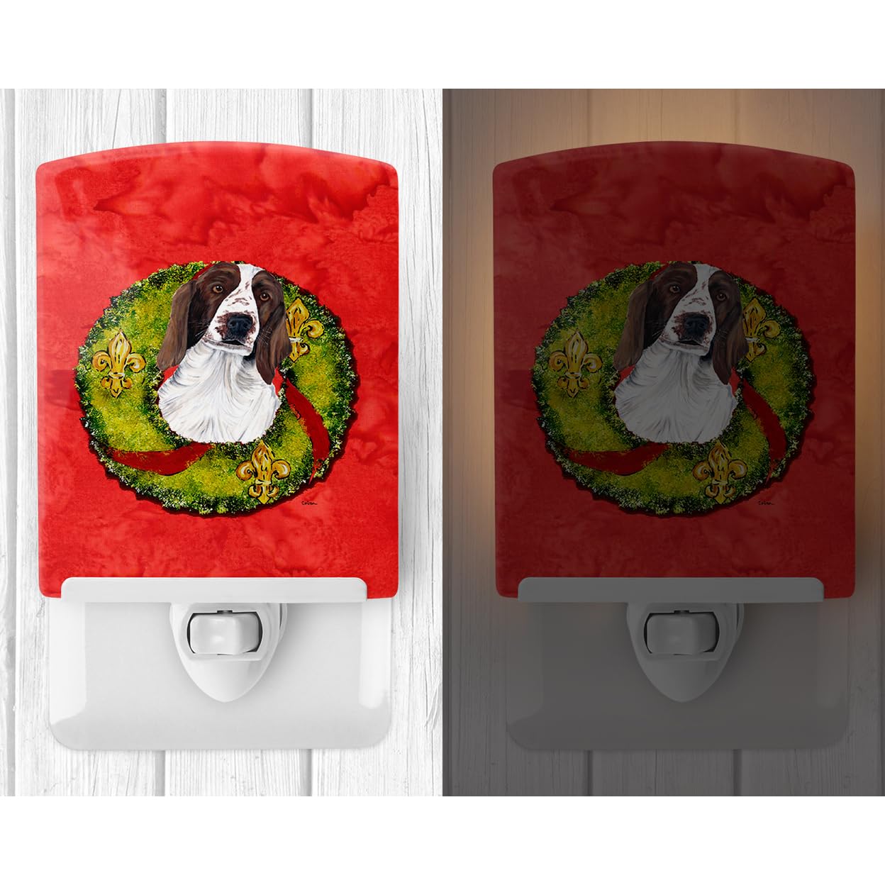 Caroline'S Treasures Sc9084Cnl Welsh Springer Spaniel Christmas Wreath Ceramic Night Light Compact, Ul-Certified, Ideal For Bedroom, Bathroom, Nursery, Hallway, Kitchen, 6X4X3, Multicolor