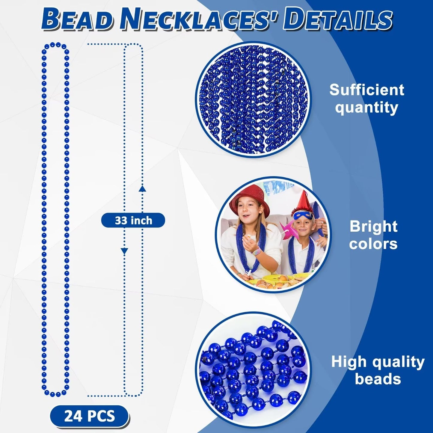 24PCS Christmas Bead Necklace, Blue Bead Necklaces Stuff, 33'' Mardi Gras Beads Necklace Costume, Festival Parade Throw Accessor