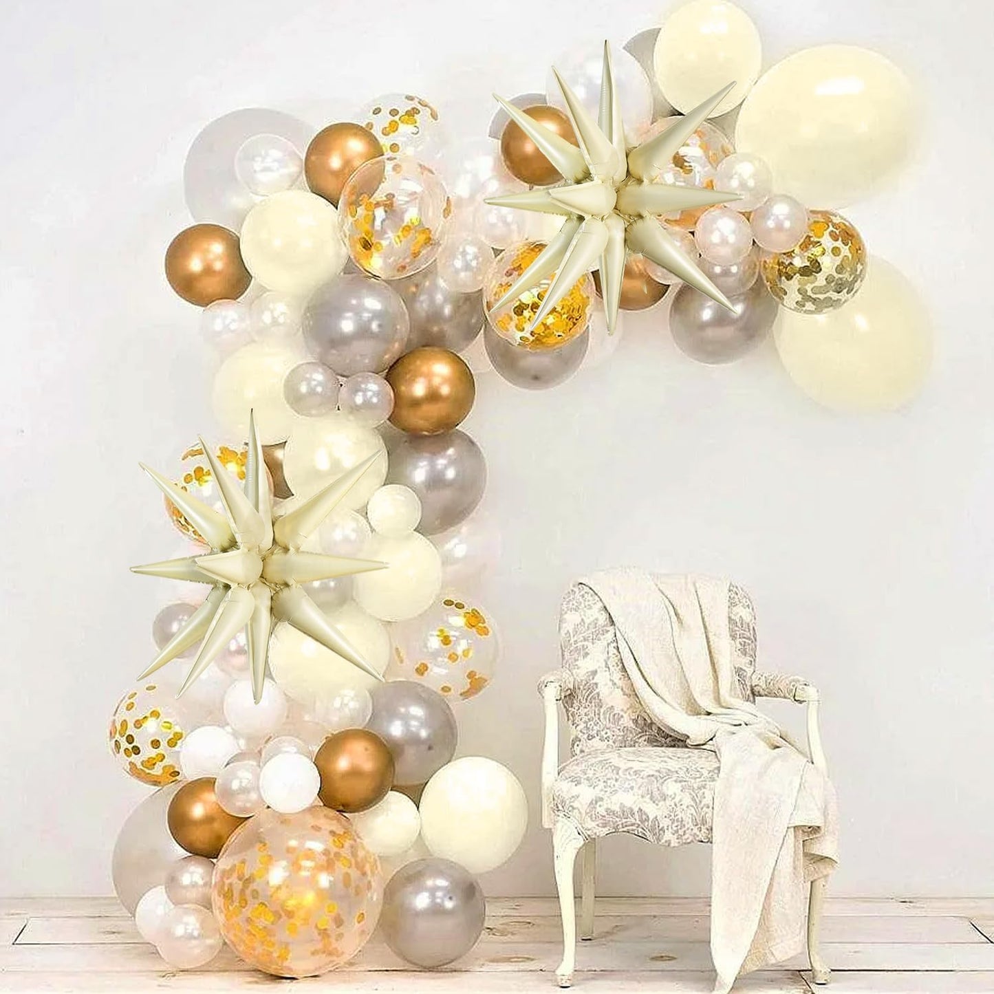 Toniful 4 Pcs 22Inch 4D Cream White Explosion Star Mylar Balloons 14Point Star Balloons For Party Backdrop Christmas,New Year Bi