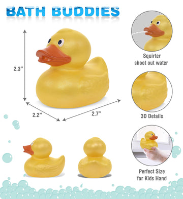 DolliBu Metallic Yellow Duck Bath Buddy Squirter - Floating Yellow Duck Rubber Bath Toy Fun Water Squirting Bath Time Play for Toddlers Animal Toy for Bathtub Beach and Pool for Girls and Boys