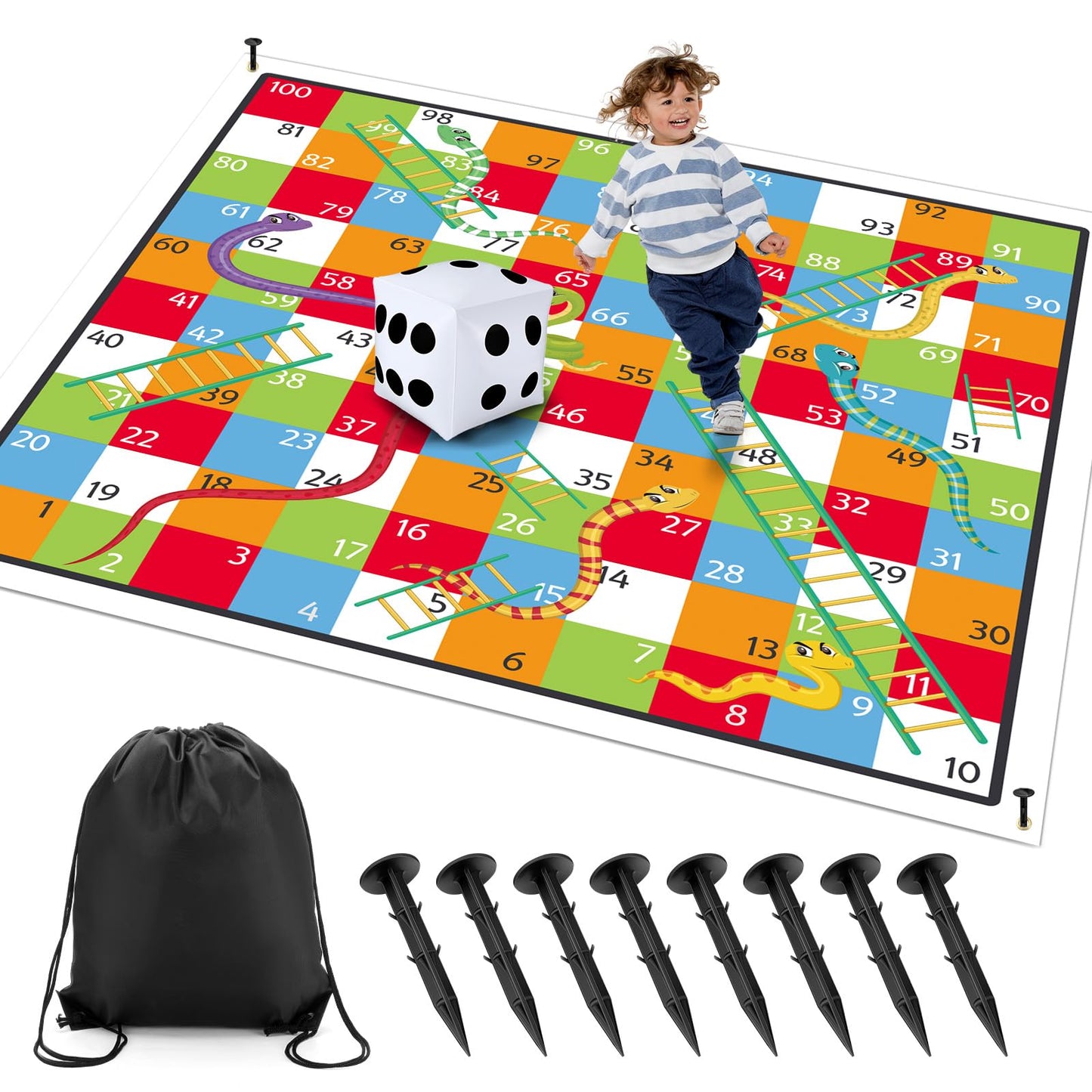 Realspring 9.8 Ft Giant Snakes And Ladders Game Playing Mat With 6 Nails 14 Inch Inflatable Dice And Storage Bag Floor Snake And