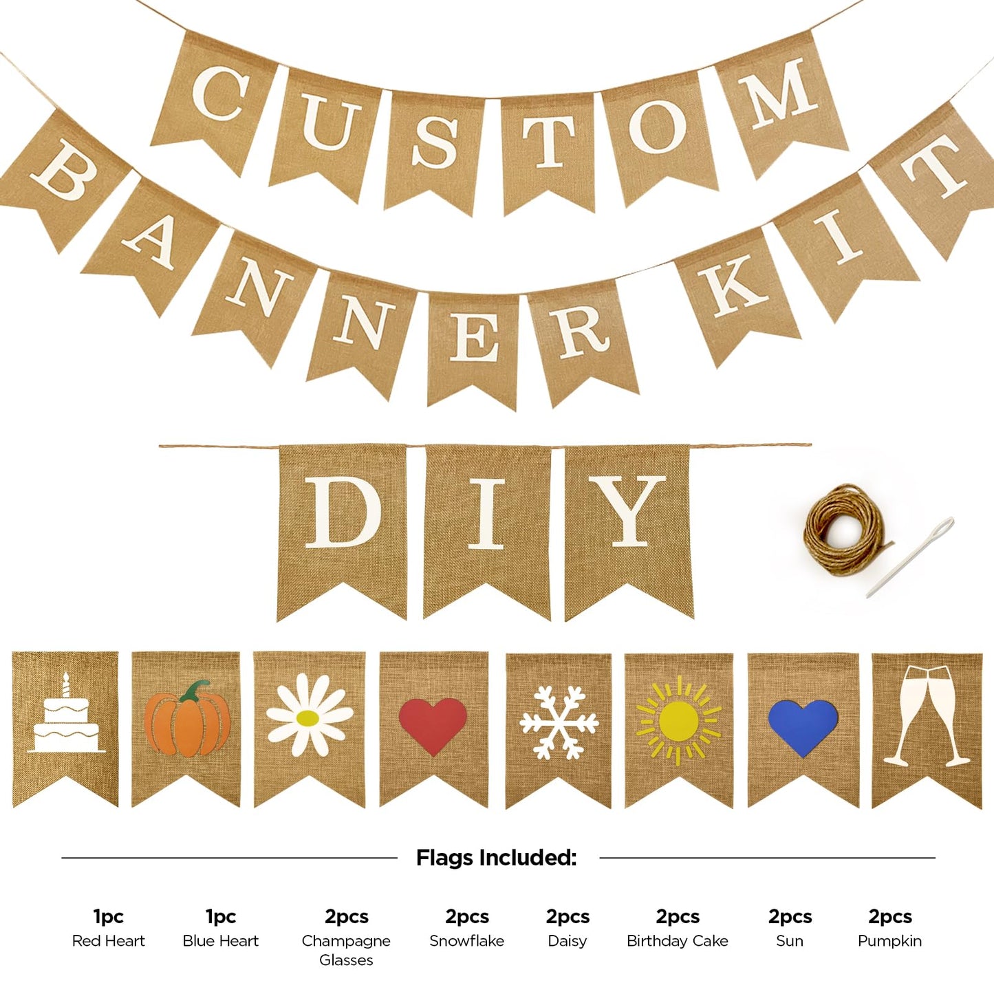 Custom Banner Kit With Holiday Flags, 109 Burlap Flags, Includes 95 White Printed Letters Numbers & Symbols, 14 Holiday Picture