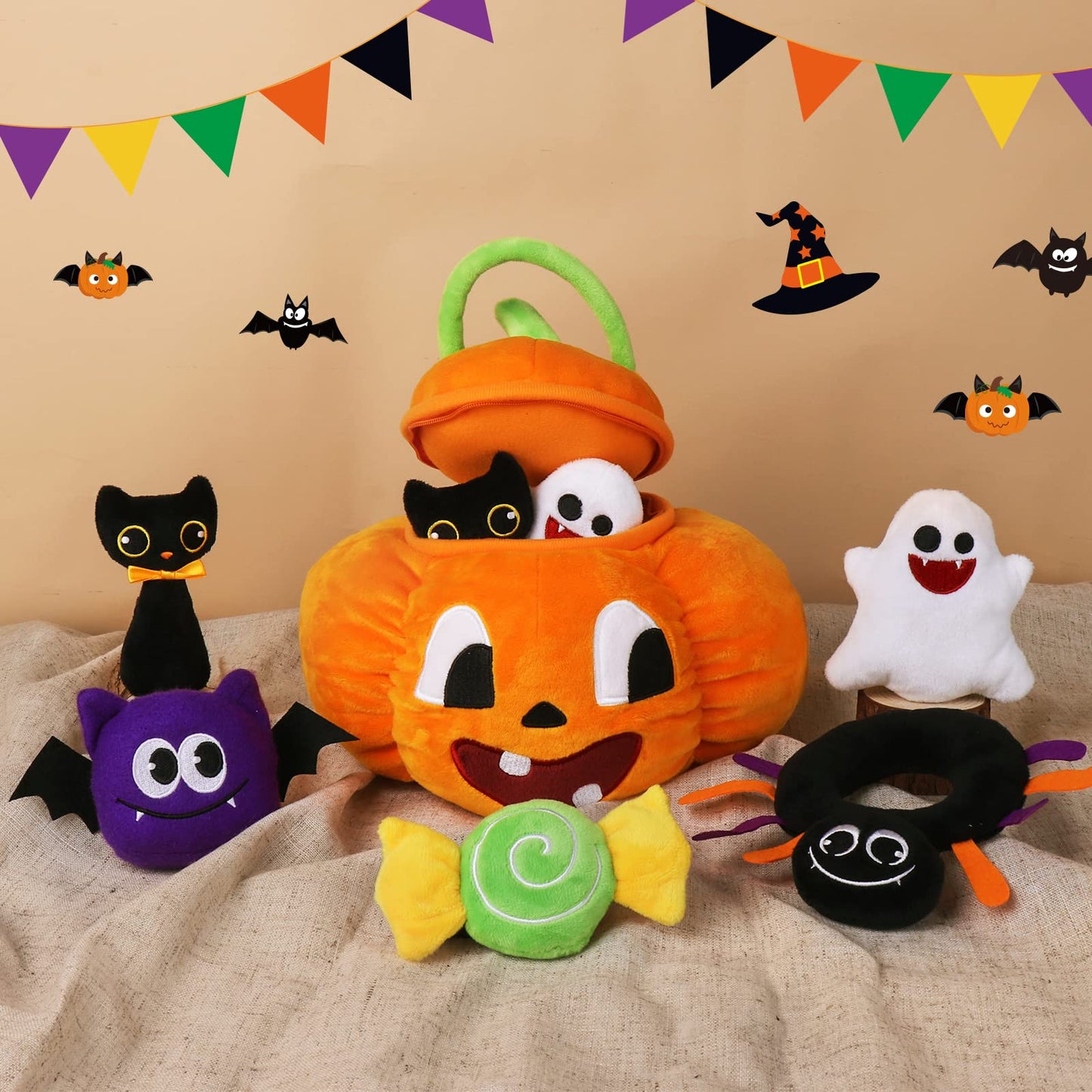 Bunny Chorus Small Multicolor Plush Pumpkin Playset for Baby Girls & Boys - Stuffed Rattles with Cat, Spider, Ghost & Candy