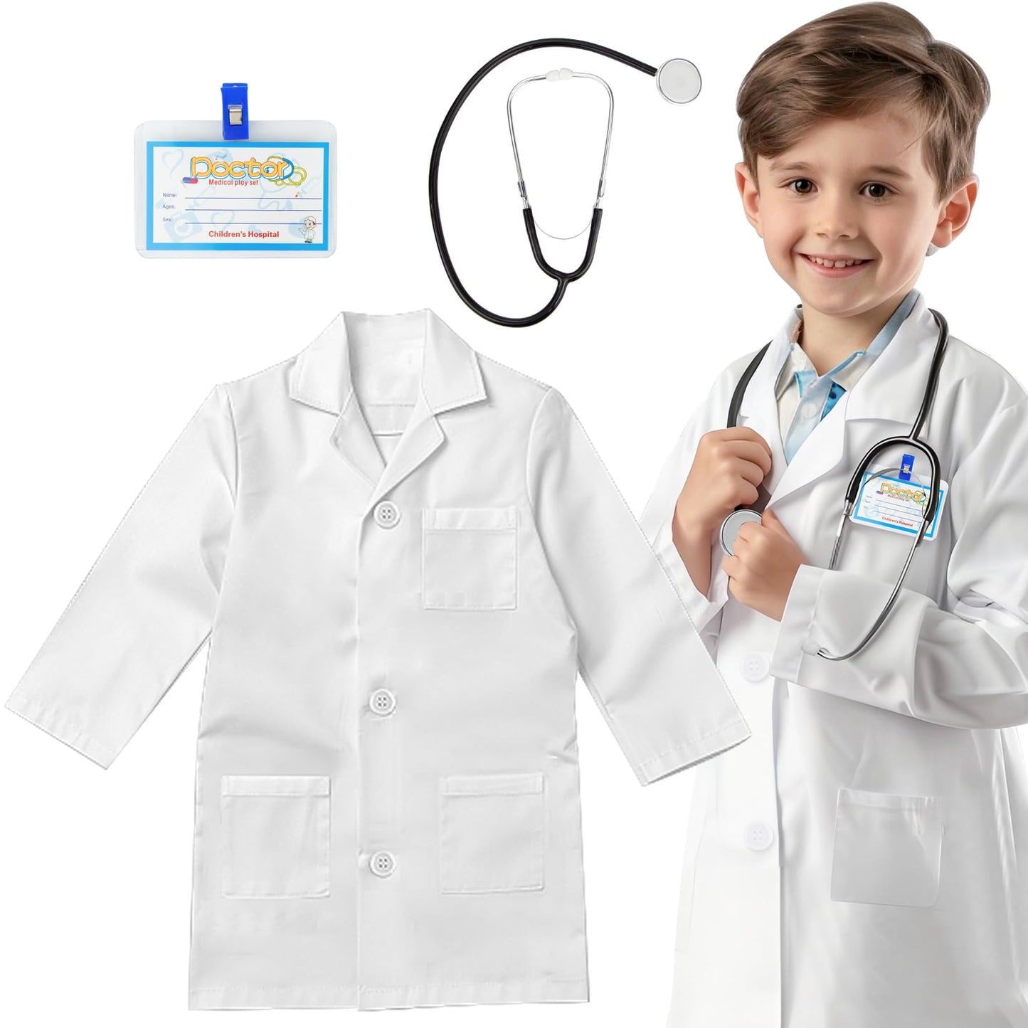 Riorand Kids' Doctor Lab Coat Costume With Accessories Role Play For Boys Girls Playset Nurse Costume Age 3-12 (White, M-130Cm/6-7Y)