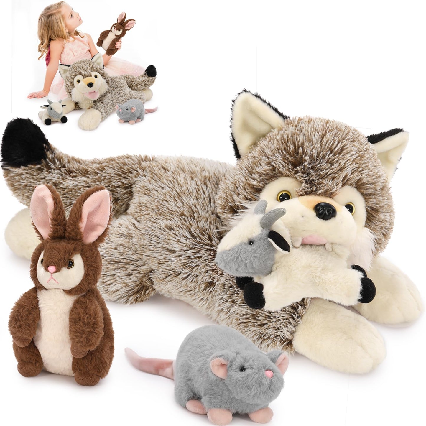 Maogolan 4 Pcs Wolf Stuffed Animal With 3 Small Plush Toys,Big Coyote Plushies With Bunny Plush,Stuffed Lamb & Mouse For Kids Valentine & Birthday Gift