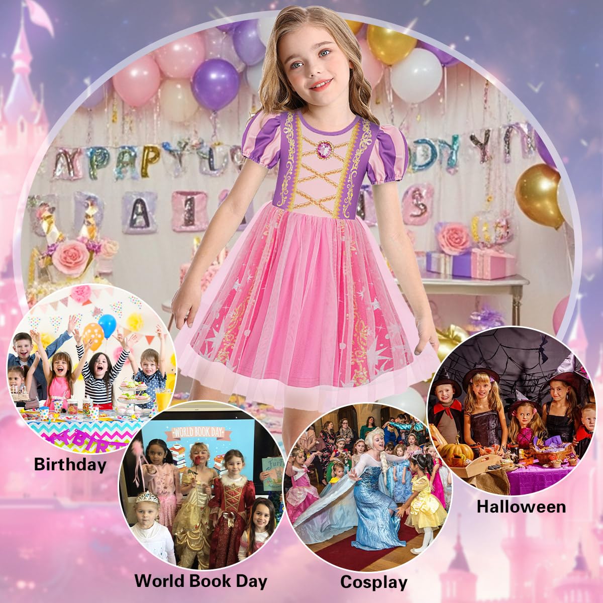 Benylion Princess Dress for Girls Kids Halloween Dress Up Clothes Pretend Play Birthday Purple Dress up Clothes for Kids Age 7-8