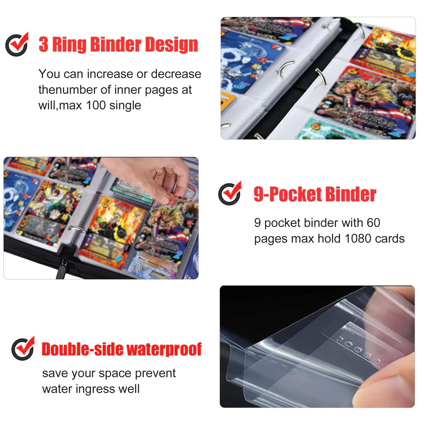 Anime Trading Card Binder 9 Pocket with 60 Sleeves up to 1080 Cards Waterproof Card Storage Book for Anime Game and TCG Cards