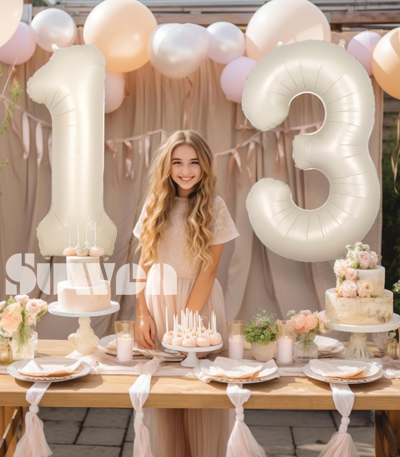 Suwen 40 Inch Cream White Large 13 Number Balloons Big Foil Helium Number Balloons 0-9 Jumbo Happy 13Th Mylar Birthday Party Dec
