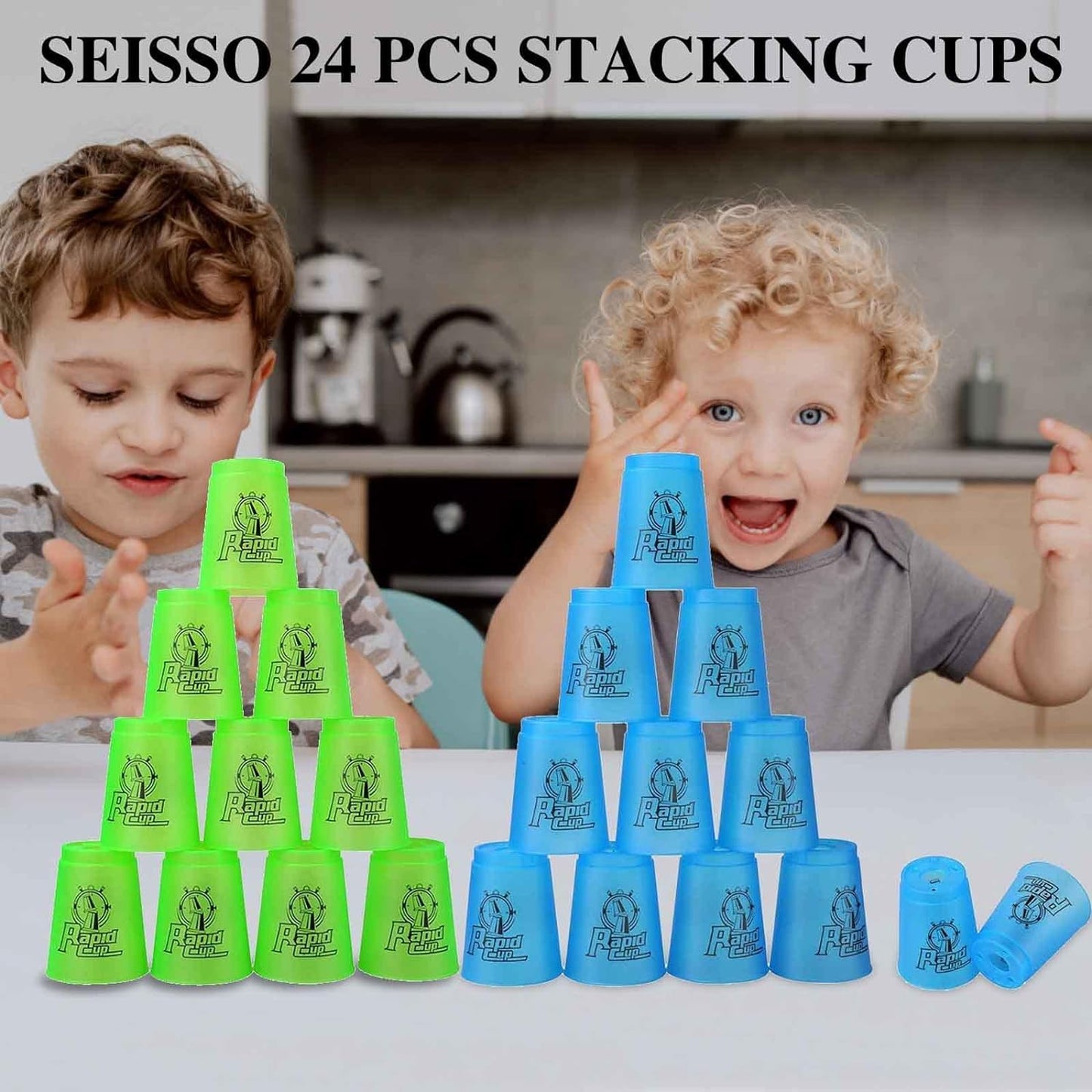 Seisso Stack Cups, Stacking Cup Set Classic Stack Training Game Toys For Kids Boys Girls Stacking Cups (12 Pack Blue + 12 Pack Green)