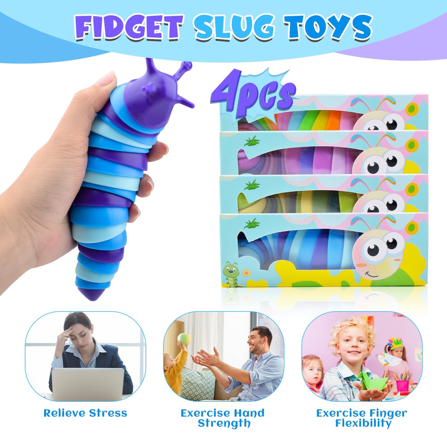 Cevioce Sensory Slug Fidget Toys,Fidget Slug Toys For Adults & Kids Party Favors,4 Pcs Cute Autism Sensory Toys For Autistic Chi
