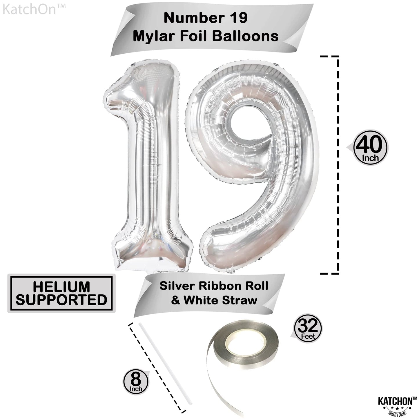 Katchon, Giant 19 Birthday Balloons Silver - 40 Inch | 19 Balloons For 19Th Birthday Decorations | Silver 19 Balloon Number | 19Th Birthday Balloons For 19 Year Old Birthday Party Decorations
