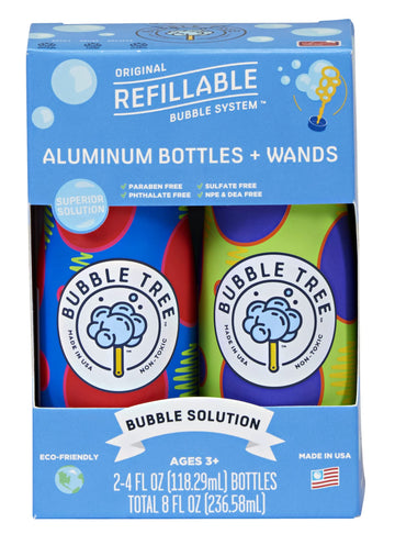 Sustainable Bubble Tree Original Refillable Bubble System Aluminum Bottles (2 Pack Of Bubble Solution Made In The Usa)