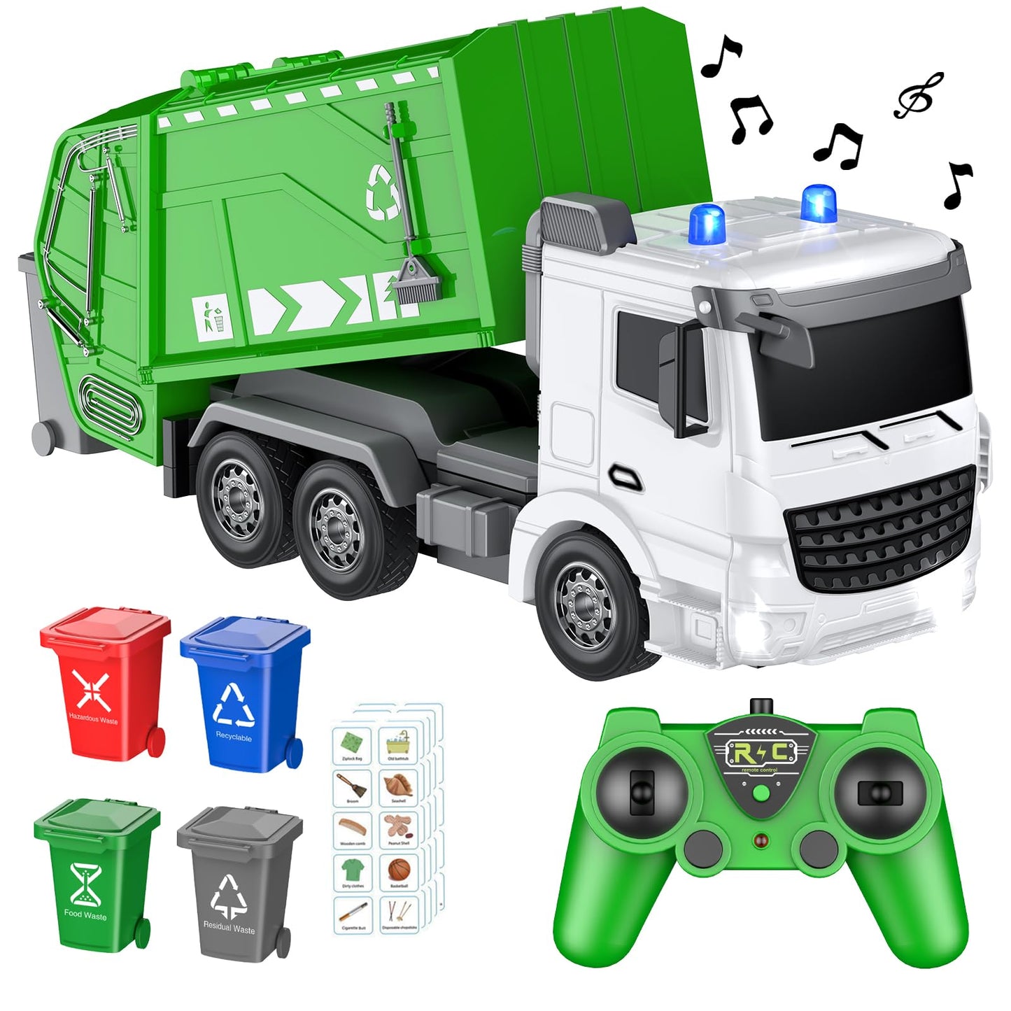 CALEST 2.4Ghz Remote Control Garbage Truck Toys,1/24 RC Garbage Truck with 4 Trash cans 6 Channel Remote Control Waste Managemen