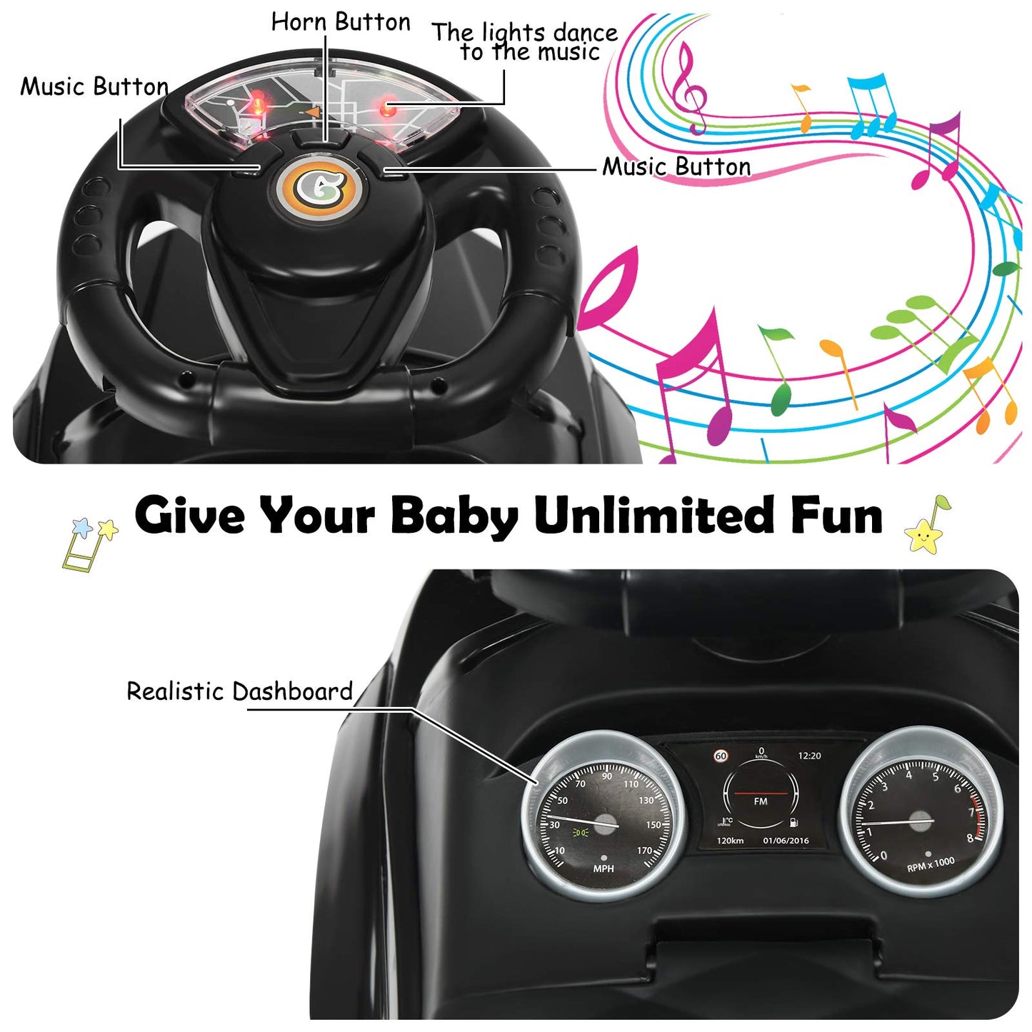 Honey Joy Ride On Push Car, Foot To Floor Ride On Sliding Car Push Handle & Detachable Guardrail, Sound & Lights, Under Seat Storage, Push Cars For Toddlers 1-3, Gift For Kids Boys Girls(Black)