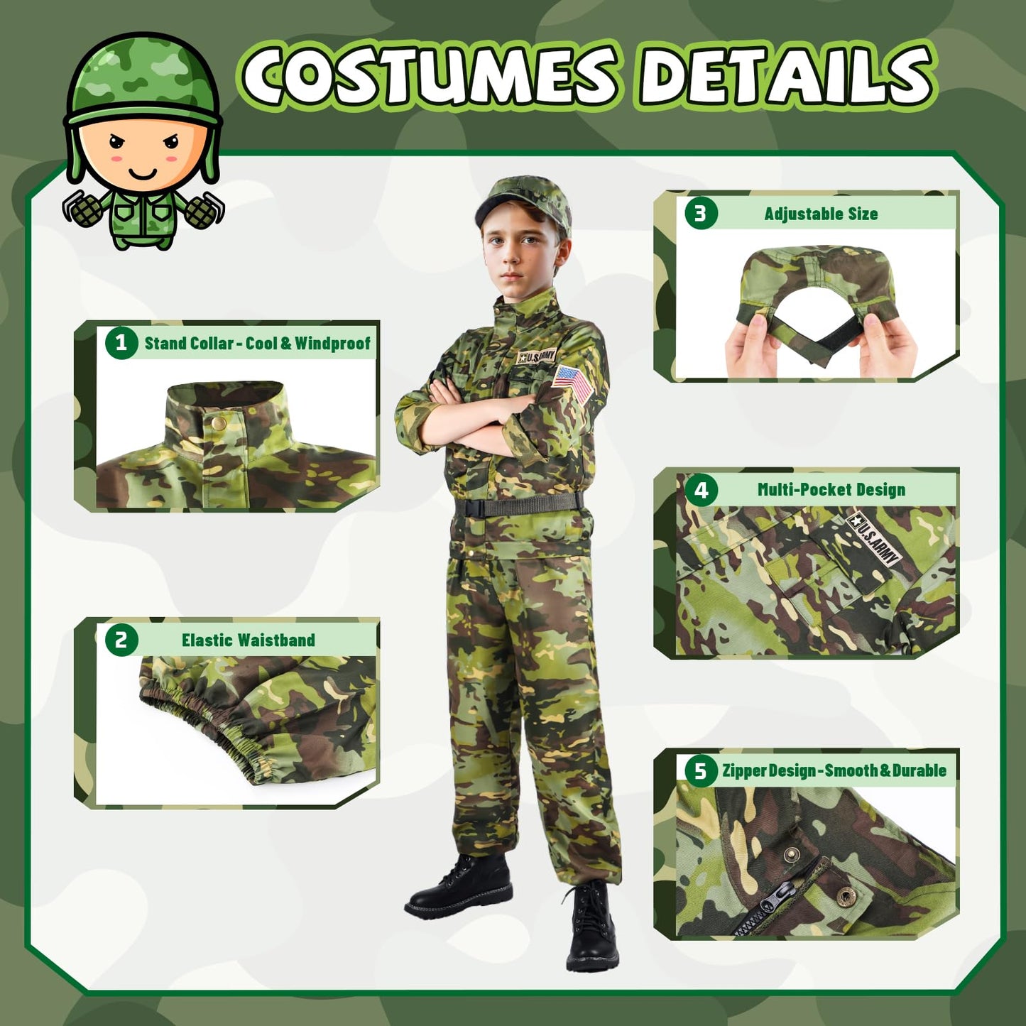 Giftinbox Kids Army Costume For Boys Military Soldier Costume With Army Toys,Dress Up Boys Costume Halloween Costumes For Kids Boys 3-12 Christmas Gift For Kids, Medium