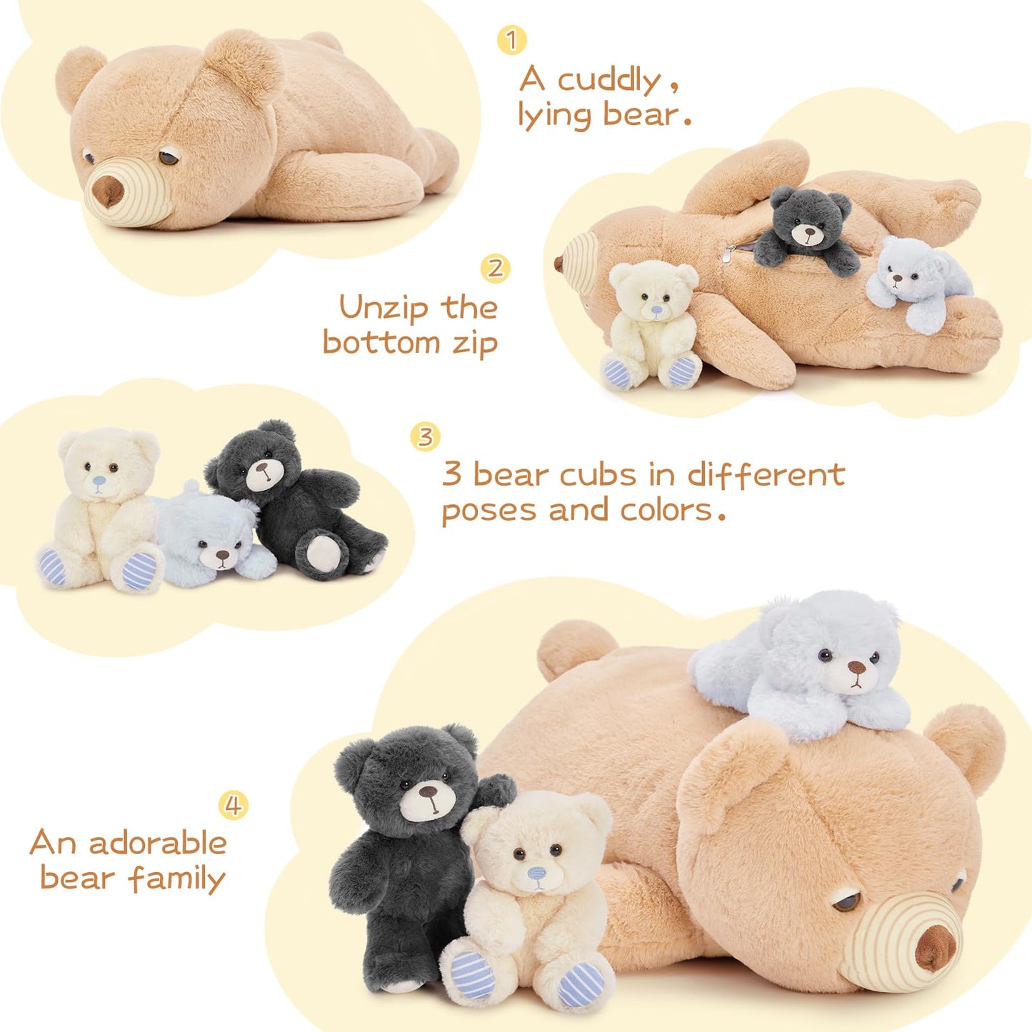 Morismos Teddy Bear Stuffed Animal 24In Lying Soft Bear Plush Toy 4-In-1 Mom And Baby Stuffed Bear Gift For Kids Christmas Valen