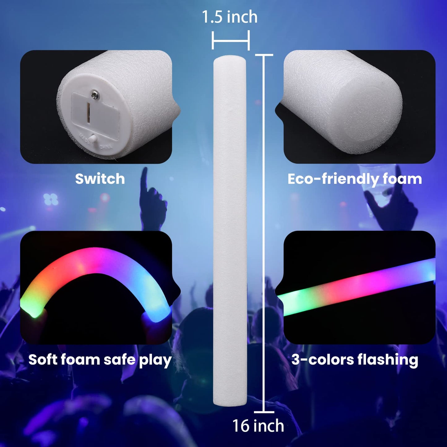 Honlyne100 Pcs Foam Glow Sticks, Bulk Glow Sticks With 3 Modes Colorful Flashing, Led Light Sticks, Glow In Dark Party Supplies