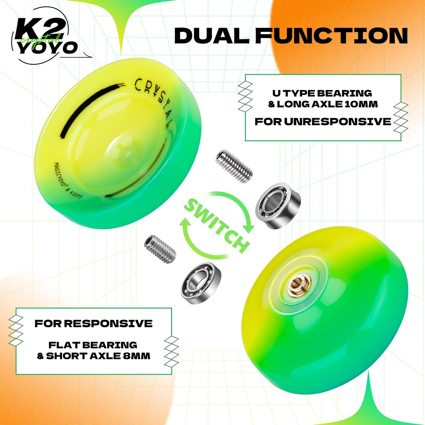 Magicyoyo K2 Responsive Yoyo For Kids, Professional Yoyo For Beginner, Dual Purpose Yo-Yo Replacement Unresponsive Bearing For Adults/Advanced+12 Yo Yo Strings+Bearing Remover (Yellow Green Gradient)