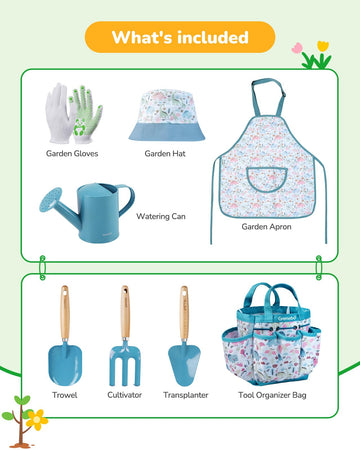 Kids Gardening Set Toys, Quality Garden Tool Kit For Kids And Toddlers, Includes Two Shovels, Garden Hat,Rake, Apron,Gloves, Wat