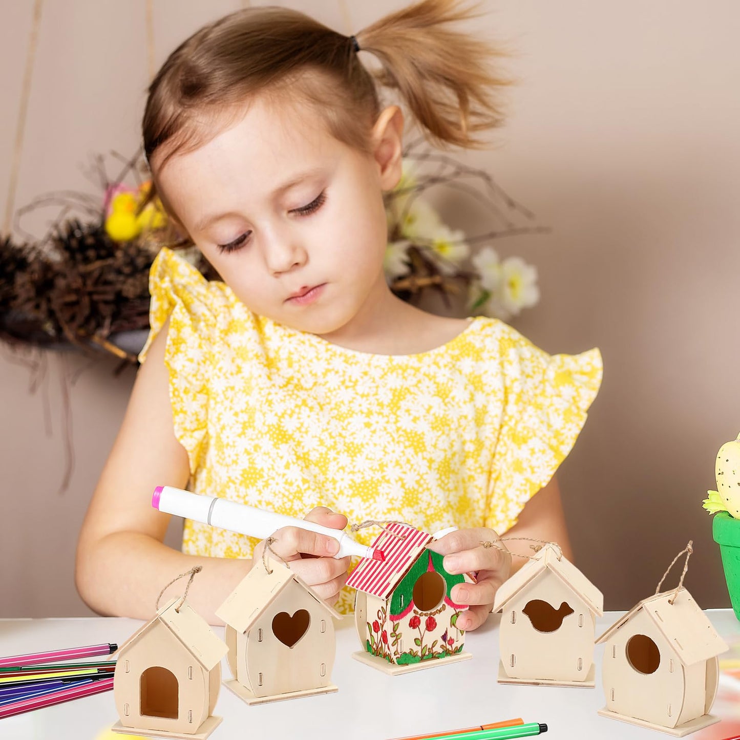 Outus 12 Pcs Wooden Birdhouse Craft Kits to Build, 4 Shapes Wooden Unfinished Bird House with Watercolor Pen and Butterfly Stick